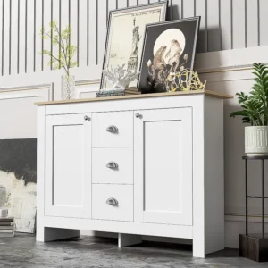 Credenza con 2 ante e 3 cassetti - 116 x 35 x 81 cm - MDF e pannelli di particelle - Colore: bianco + legno Design Industr...