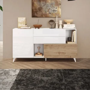 Credenza con 2 ante, 2 cassetti e 2 nicchia Naturale e Bianco laccato DONALA con Cassetti Soft-Close