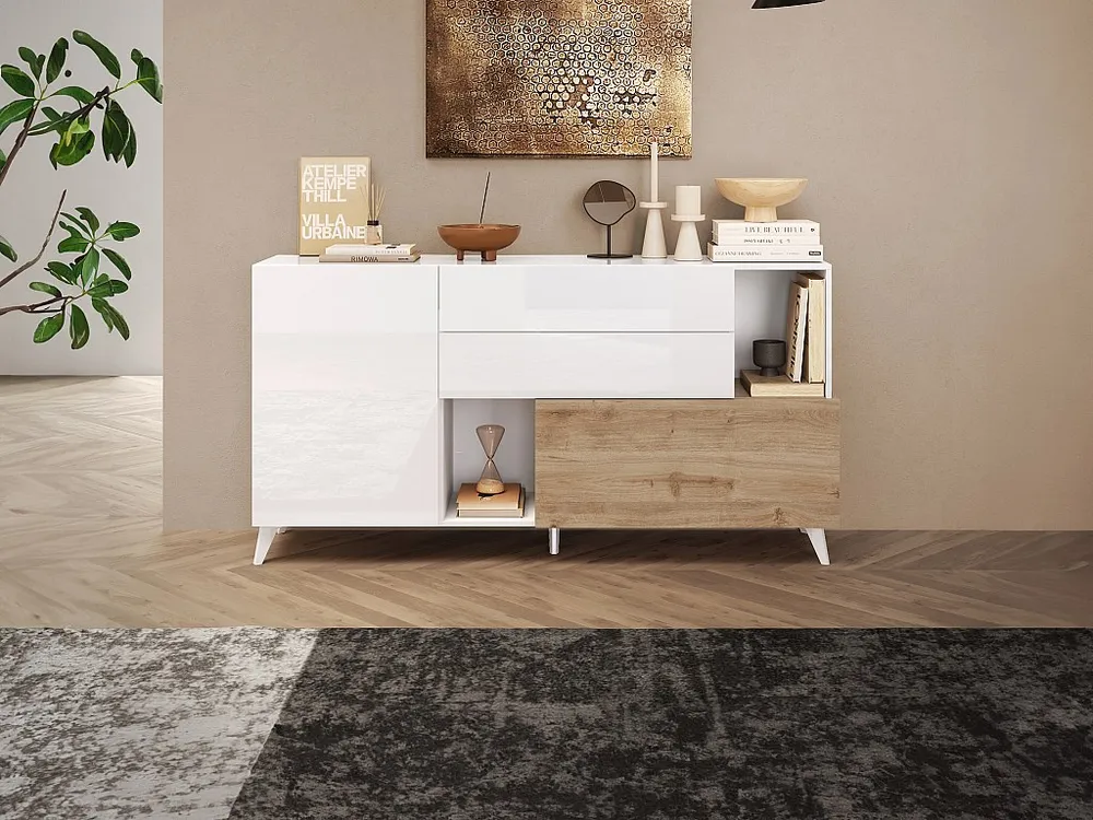Credenza con 2 ante, 2 cassetti e 2 nicchia Naturale e Bianco laccato DONALA con Cassetti Soft-Close