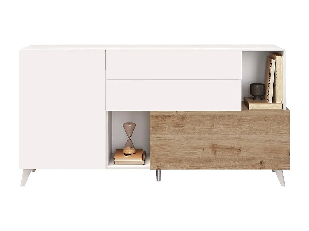 Credenza con 2 ante, 2 cassetti e 2 nicchia Naturale e Bianco laccato DONALA con Cassetti Soft-Close