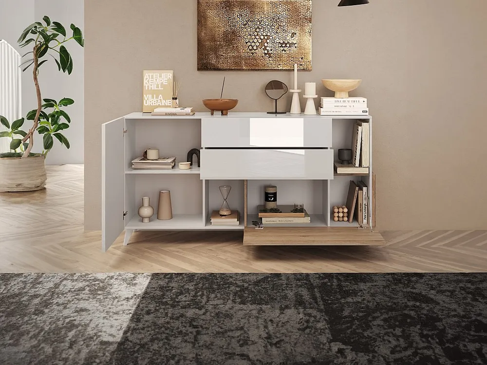 Credenza con 2 ante, 2 cassetti e 2 nicchia Naturale e Bianco laccato DONALA con Cassetti Soft-Close