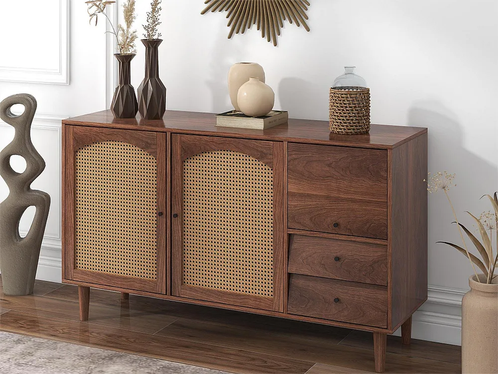 Credenza con 3 ante e 2 cassetti pannelli di particelle di legno - effetto rattan - colore marrone Stile Rustico