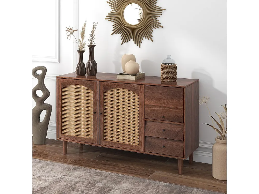 Credenza con 3 ante e 2 cassetti pannelli di particelle di legno - effetto rattan - colore marrone Stile Rustico