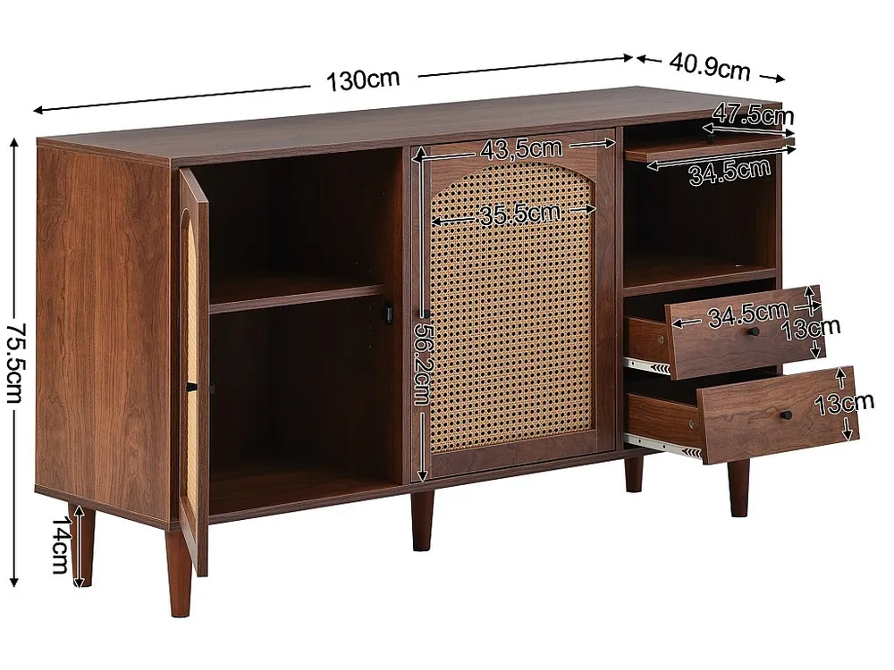 Credenza con 3 ante e 2 cassetti pannelli di particelle di legno - effetto rattan - colore marrone Stile Rustico