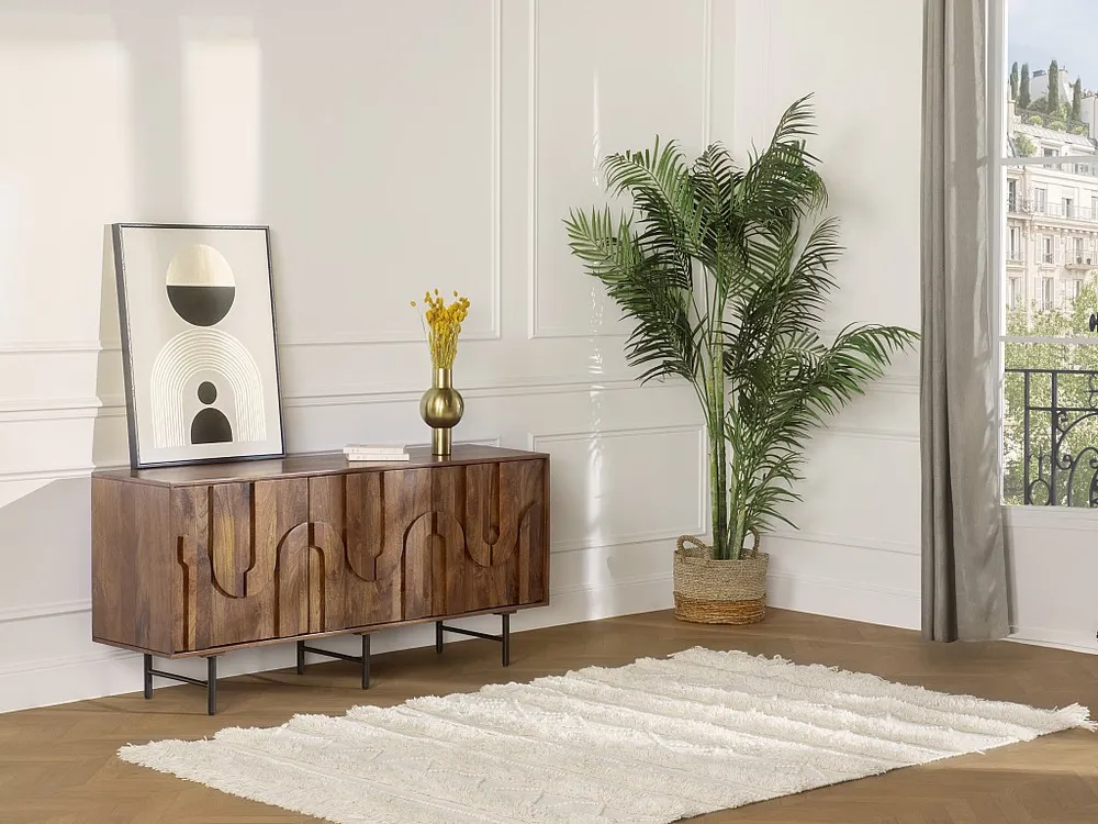 Credenza con 3 ante Legno di mango e Metallo Nero Naturale MIZORAM Set Completo 12 Pezzi