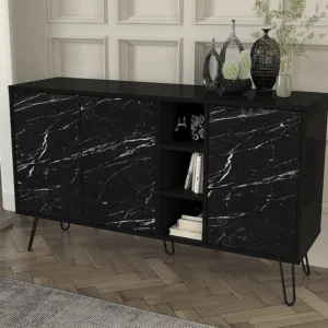 Credenza con 3 ante e 3 nicchie Effetto marmo Nero POMONA Set Completo 12 Pezzi