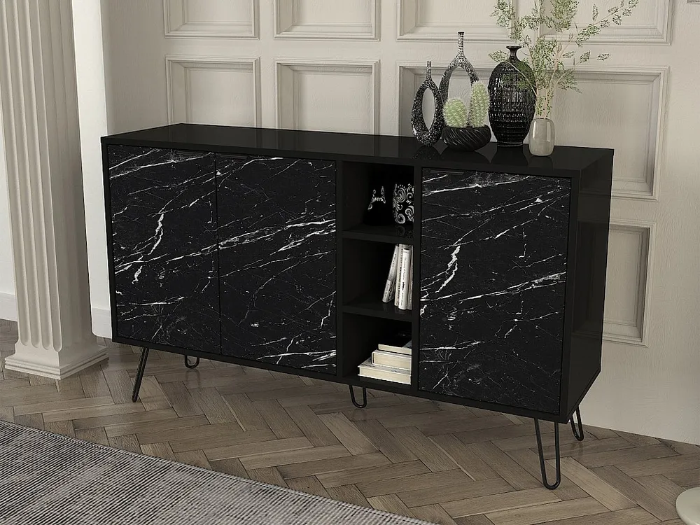 Credenza con 3 ante e 3 nicchie Effetto marmo Nero POMONA Set Completo 12 Pezzi