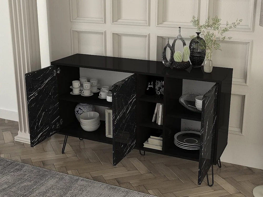 Credenza con 3 ante e 3 nicchie Effetto marmo Nero POMONA Set Completo 12 Pezzi