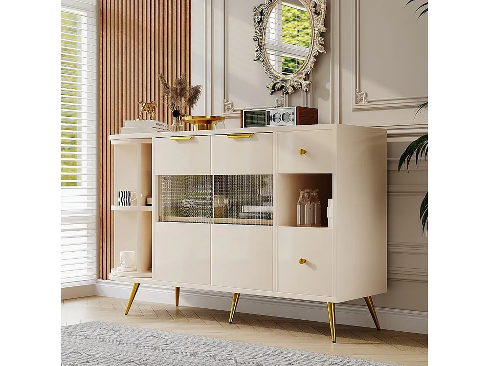 Credenza da cucina 130x40x80 cm, mobili soggiorno con ante scorrevoli vetro e luci LED, MDF, bianco | Resistente all'Umidi...