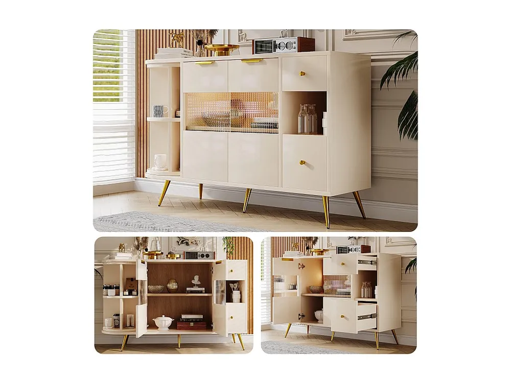 Credenza da cucina 130x40x80 cm, mobili soggiorno con ante scorrevoli vetro e luci LED, MDF, bianco | Resistente all'Umidi...