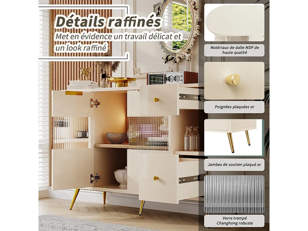 Credenza da cucina 130x40x80 cm, mobili soggiorno con ante scorrevoli vetro e luci LED, MDF, bianco | Resistente all'Umidi...