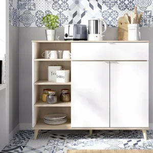 Credenza da cucina 2 ante 1 cassetto e 4 nicchie Bianco e Rovere WAJDI Antimacchia e Graffi