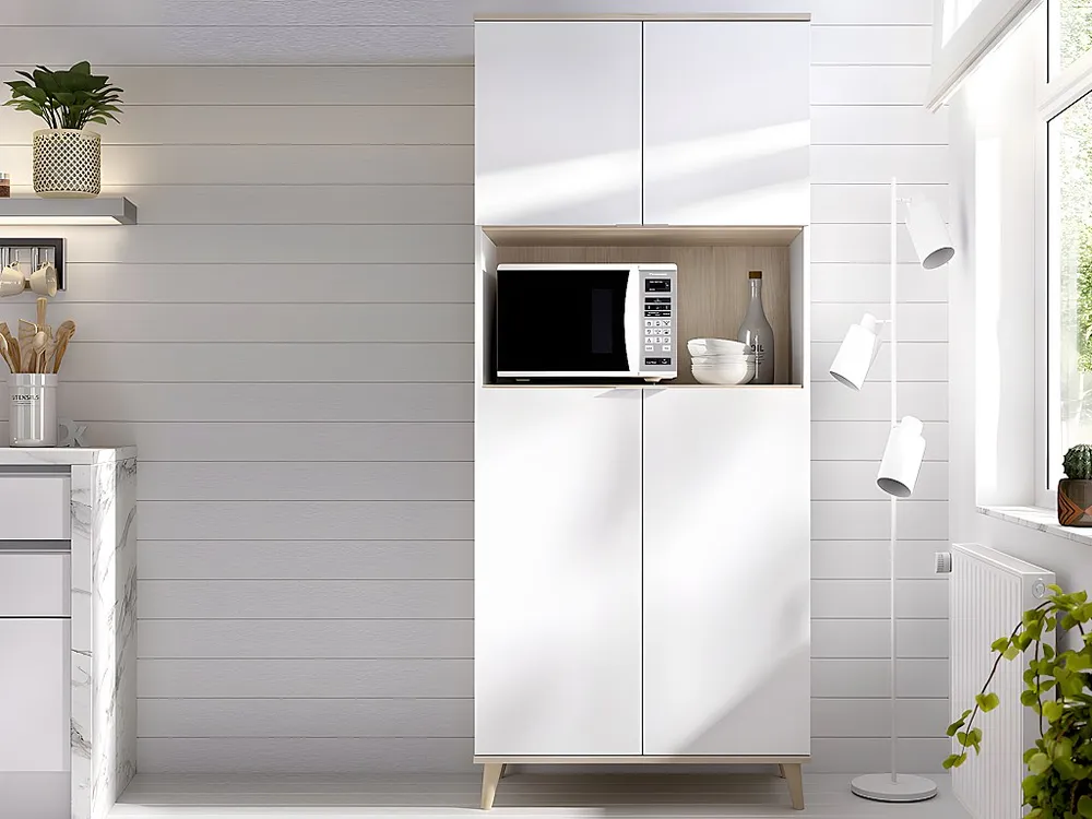 Credenza da cucina 4 ante 1 nicchia Bianco e Rovere WAJDI con Cassetti Soft-Close