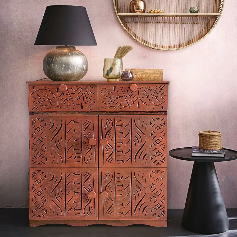 Credenza legno intagliato stile etnico 6 ante L70cm Anthiika Bois Cuivre Design Industriale