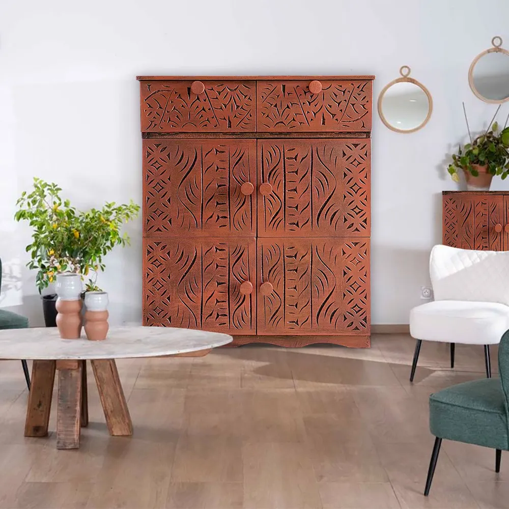 Credenza legno intagliato stile etnico 6 ante L70cm Anthiika Bois Cuivre Design Industriale