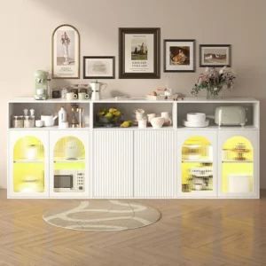 Credenza, Mobile contenitore con 6 ante - 210 x 35 x 90 cm - Legno MDF, LED - per Cucina, Soggiorno - Bianco con Ante Vetro