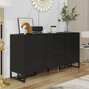 Credenza moderna con 2 ante e 3 cassetti - 145 x 40 x 75 cm - MDF - per soggiorno o cucina - Nero per 6-8 Persone