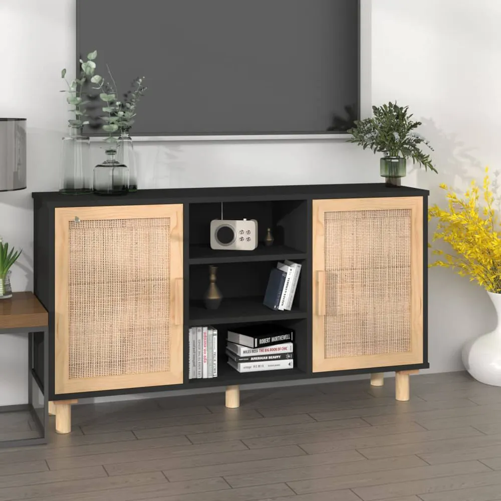 Credenza Nera 105x30x60cm Legno Massello Pino e Rattan Naturale