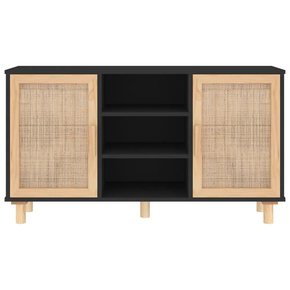 Credenza Nera 105x30x60cm Legno Massello Pino e Rattan Naturale