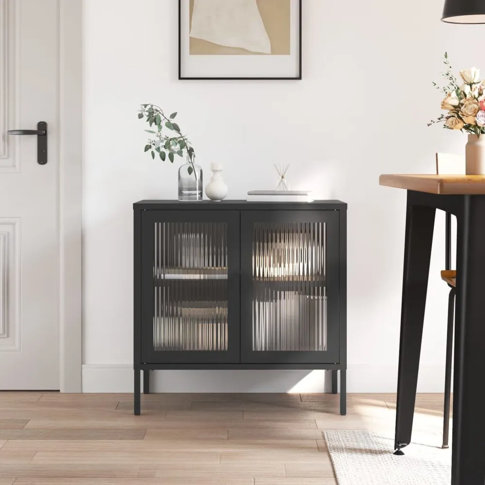 Credenza Nera 70x35x70 cm Vetro e Acciaio per Pranzi Famiglia