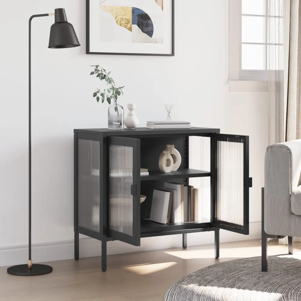 Credenza Nera 70x35x70 cm Vetro e Acciaio per Pranzi Famiglia
