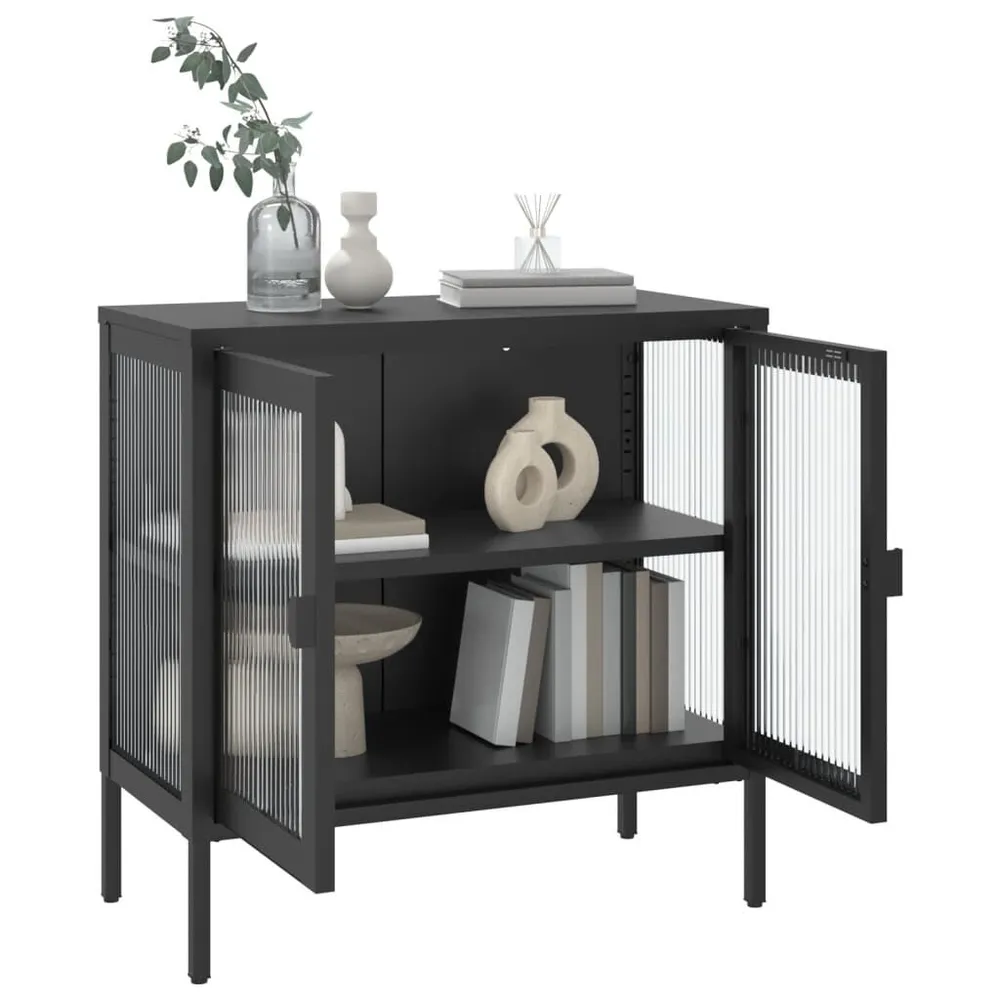 Credenza Nera 70x35x70 cm Vetro e Acciaio per Pranzi Famiglia