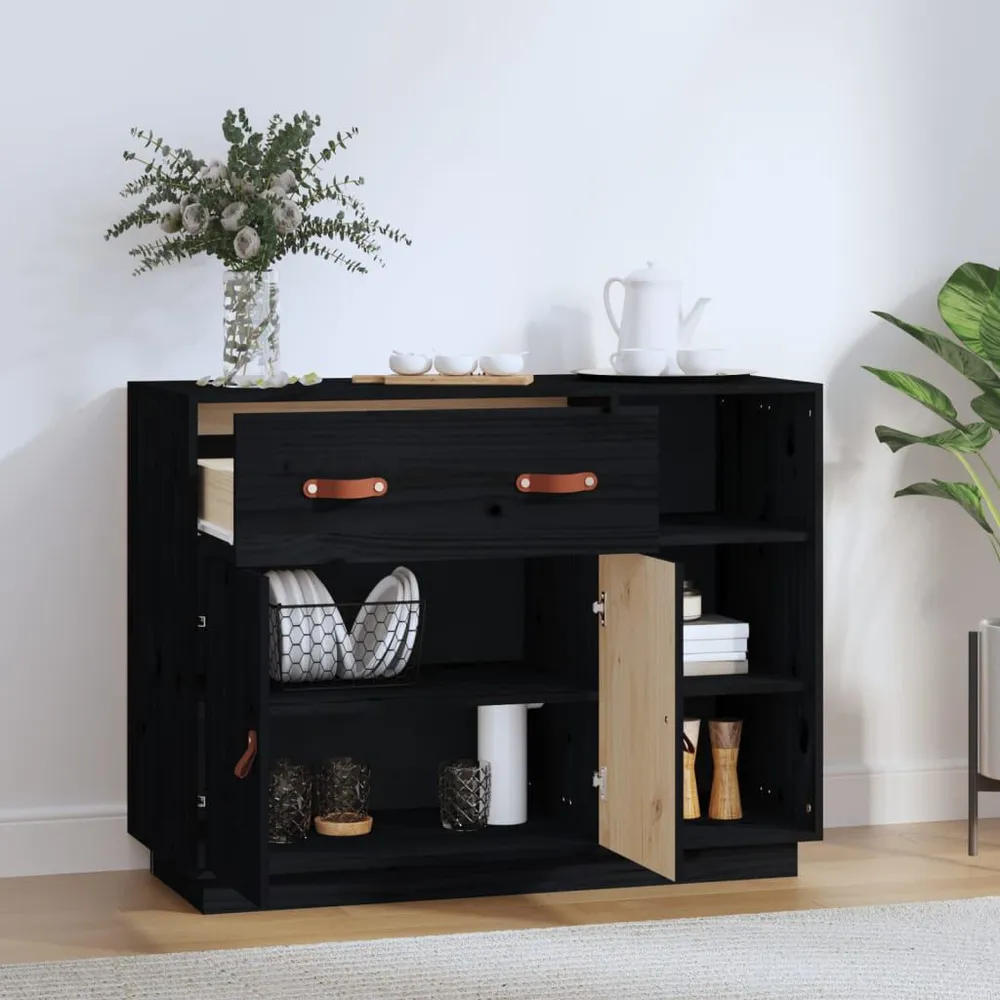 Credenza Nera 98,5x40x75 cm Legno Massello di Pino