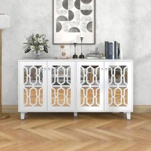 Credenza specchio bianco con eleganti maniglie cristallo, 4 ante 160 x 40 x 84 cm con Cassetti Soft-Close