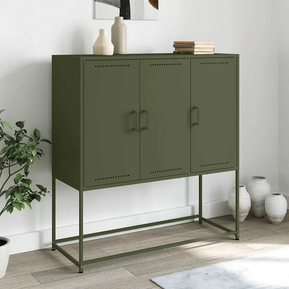 Credenza Verde Oliva 100,5x39x107 cm Acciaio con Cassetti Soft-Close