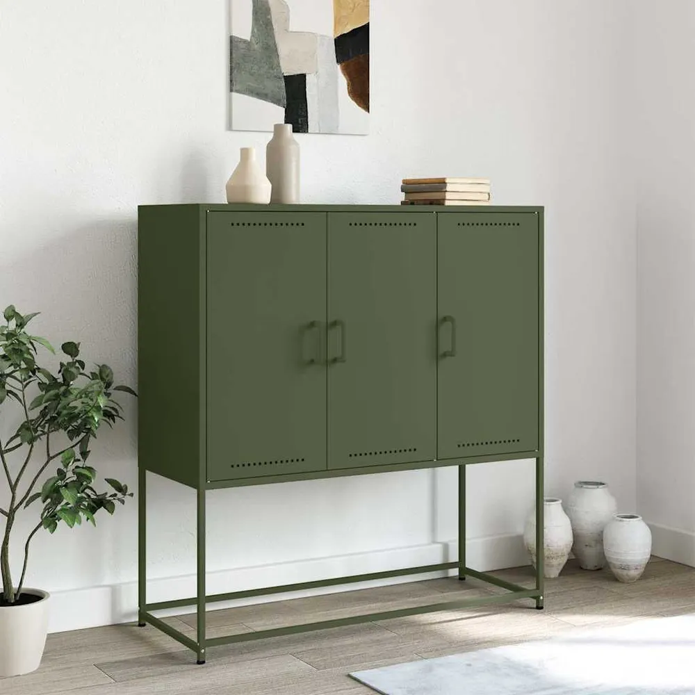 Credenza Verde Oliva 100,5x39x107 cm Acciaio con Cassetti Soft-Close
