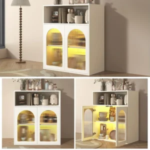 Isola Cucina Credenza con 2 ante vetro e luce LED - 70 x 35 x 90 cm - Legno MDF - per soggiorno, cucina - Bianco