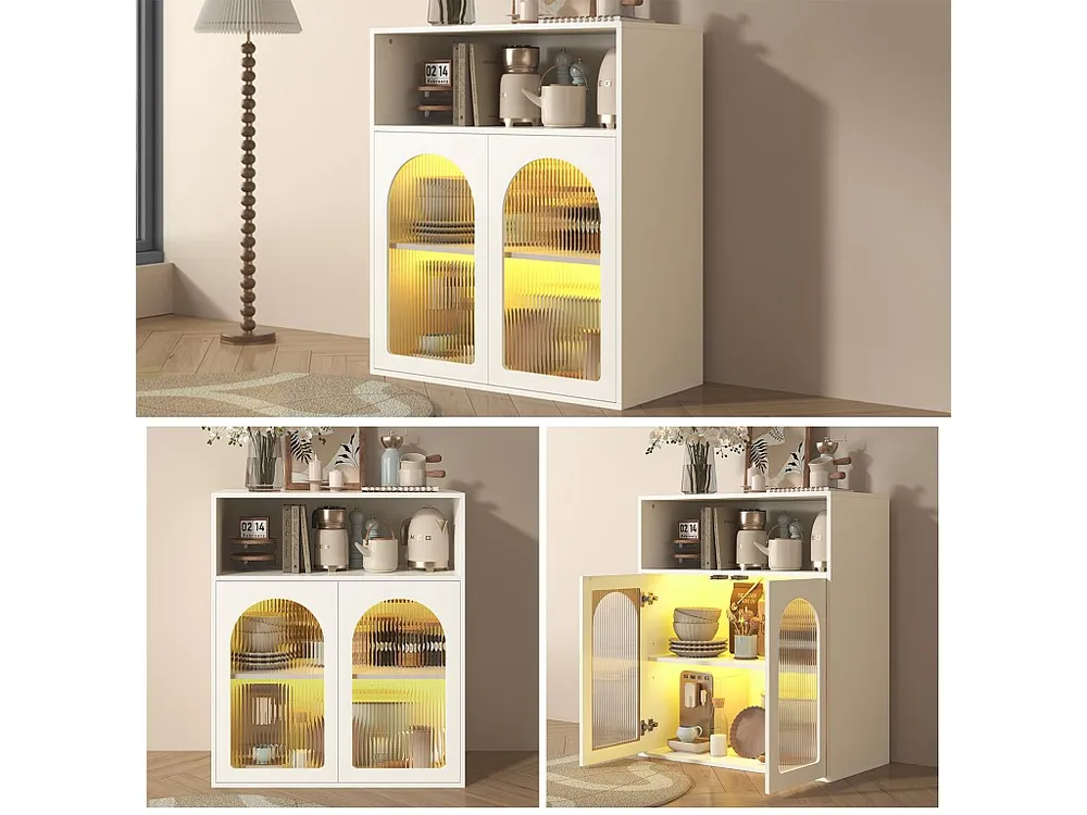 Isola Cucina Credenza con 2 ante vetro e luce LED - 70 x 35 x 90 cm - Legno MDF - per soggiorno, cucina - Bianco