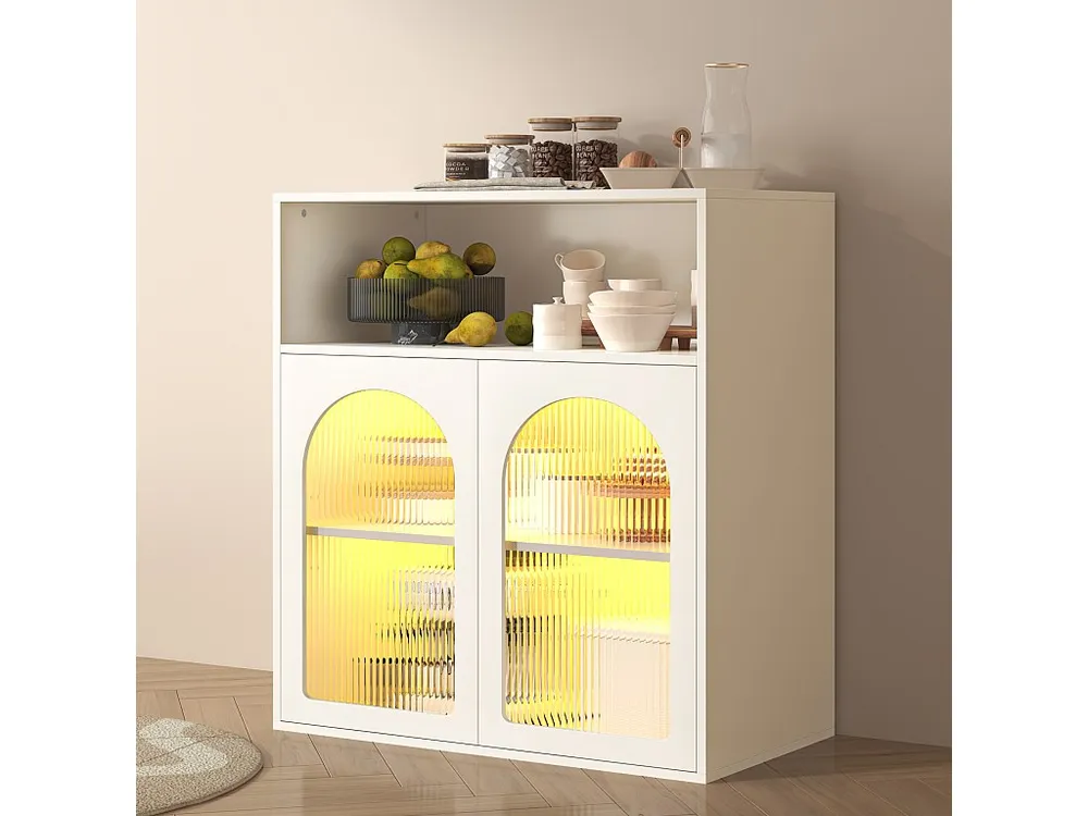 Isola Cucina Credenza con 2 ante vetro e luce LED - 70 x 35 x 90 cm - Legno MDF - per soggiorno, cucina - Bianco