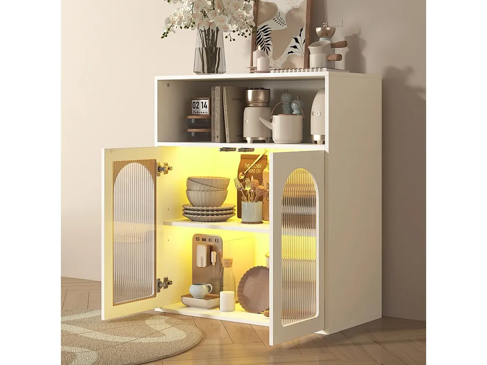 Isola Cucina Credenza con 2 ante vetro e luce LED - 70 x 35 x 90 cm - Legno MDF - per soggiorno, cucina - Bianco