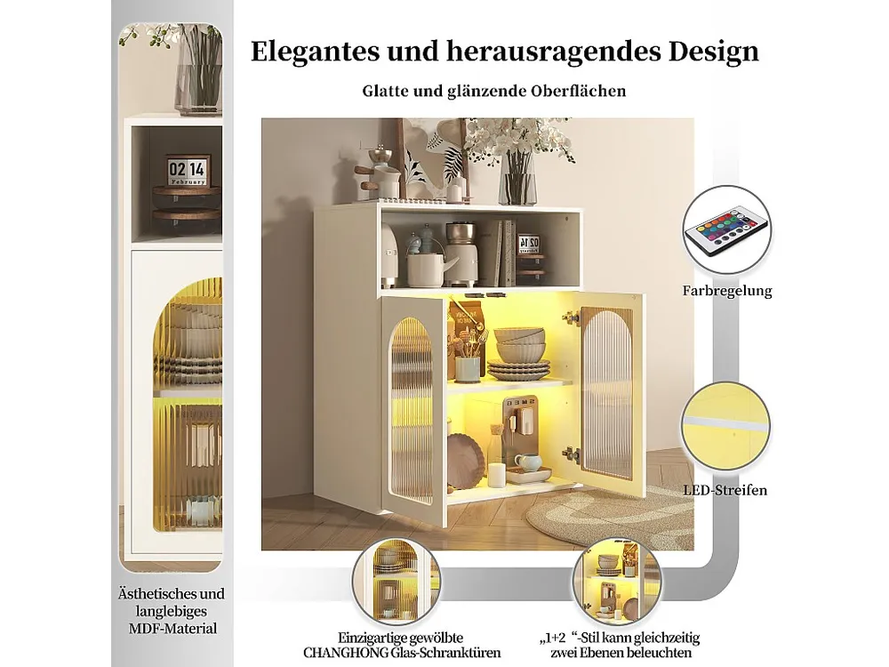 Isola Cucina Credenza con 2 ante vetro e luce LED - 70 x 35 x 90 cm - Legno MDF - per soggiorno, cucina - Bianco