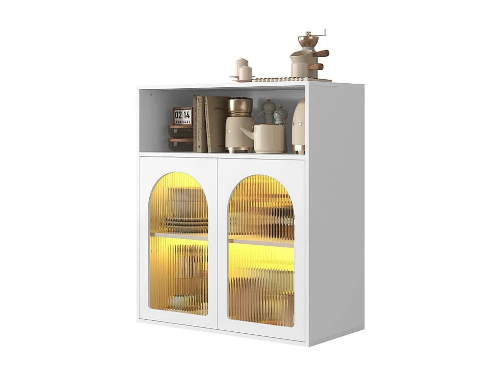 Isola Cucina Credenza con 2 ante vetro e luce LED - 70 x 35 x 90 cm - Legno MDF - per soggiorno, cucina - Bianco