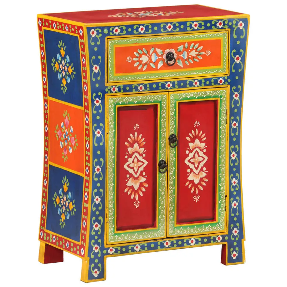 Mobile Angolo Credenza Dipinta Mano 54x30x74 cm Legno Massello di Mango