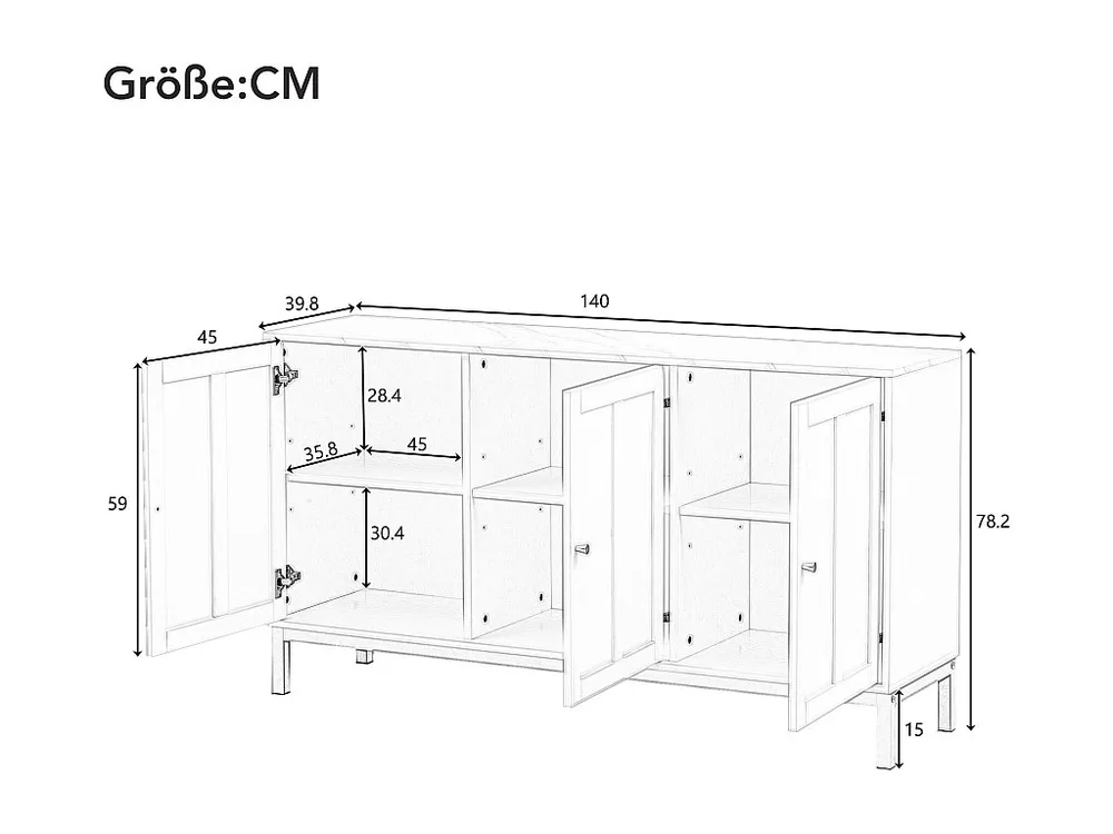 Mobile Angolo Credenza moderna con 3 ante - 140 x 40 x 80 cm - MDF e pannelli di particelle - per soggiorno o cucina - Nero