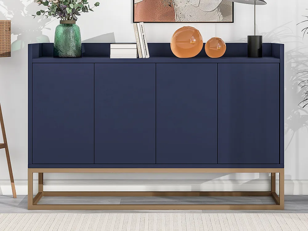 Panchetta con Contenitore Credenza bassa 4 ante - Legno MDF e gambe metallo - Stile attuale - Colore blu - 120 x 30 x 80 cm