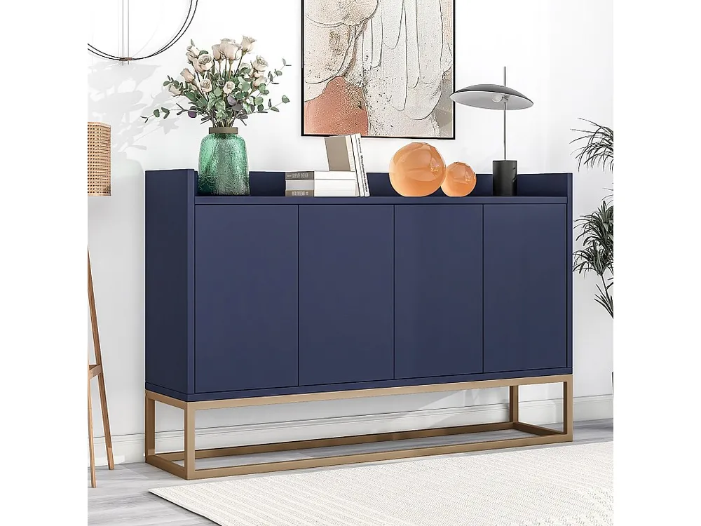 Panchetta con Contenitore Credenza bassa 4 ante - Legno MDF e gambe metallo - Stile attuale - Colore blu - 120 x 30 x 80 cm