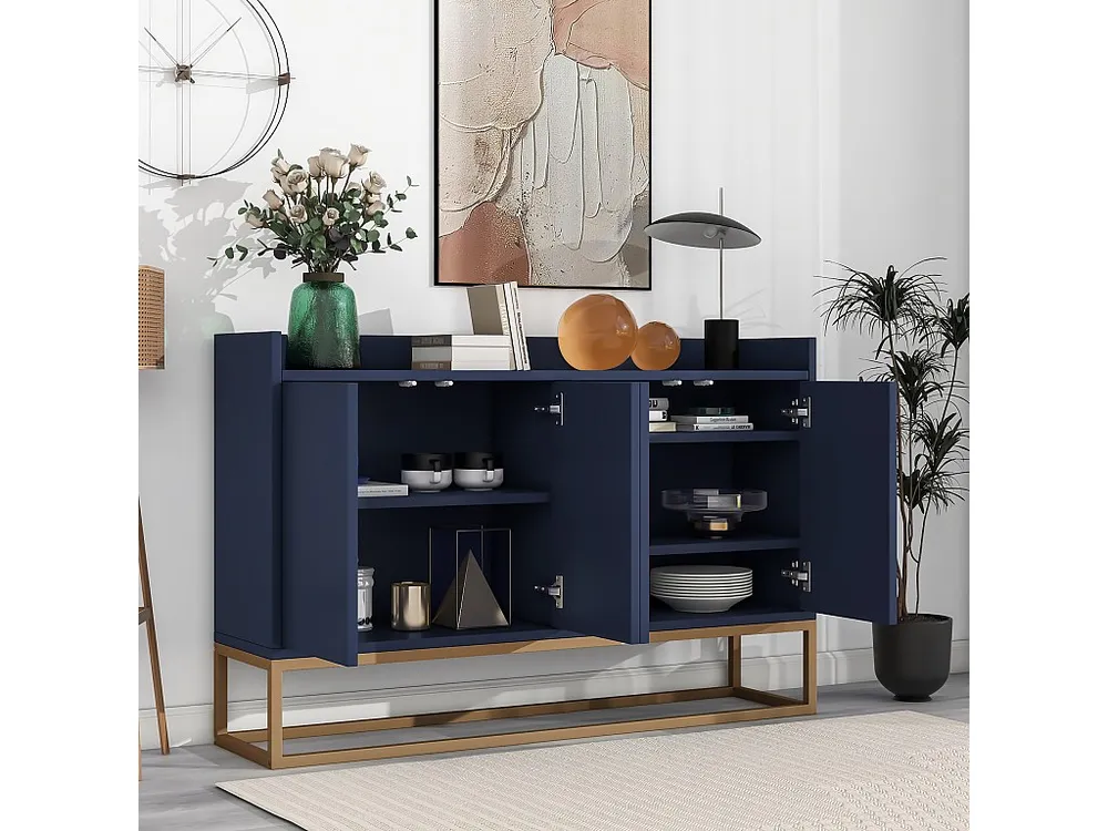 Panchetta con Contenitore Credenza bassa 4 ante - Legno MDF e gambe metallo - Stile attuale - Colore blu - 120 x 30 x 80 cm