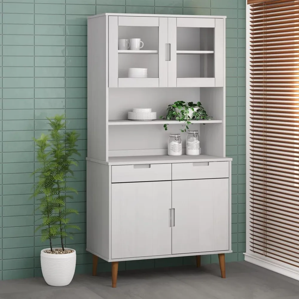 Piano Credenza MOLDE Bianco 90x35x100 cm Legno Massello di Pino con Ante Vetro