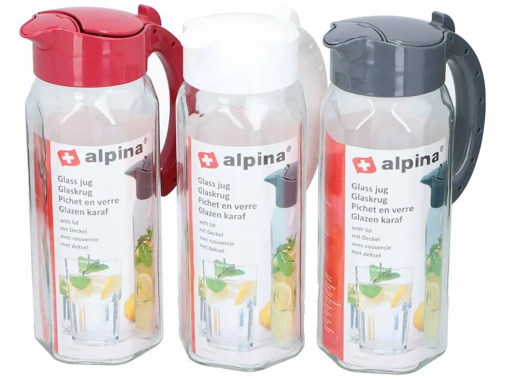 Alpina brocca vetro e polipropilene 1,5l 27,5x9,5x14cm 3 assortimenti