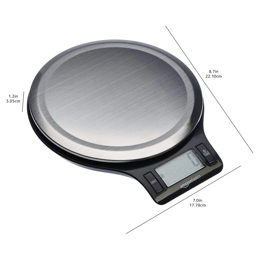 Amazon Basics - Bilancia digitale da cucina con display LCD, priva di bisfenolo (pile incluse), Nero e acciaio inossidabile