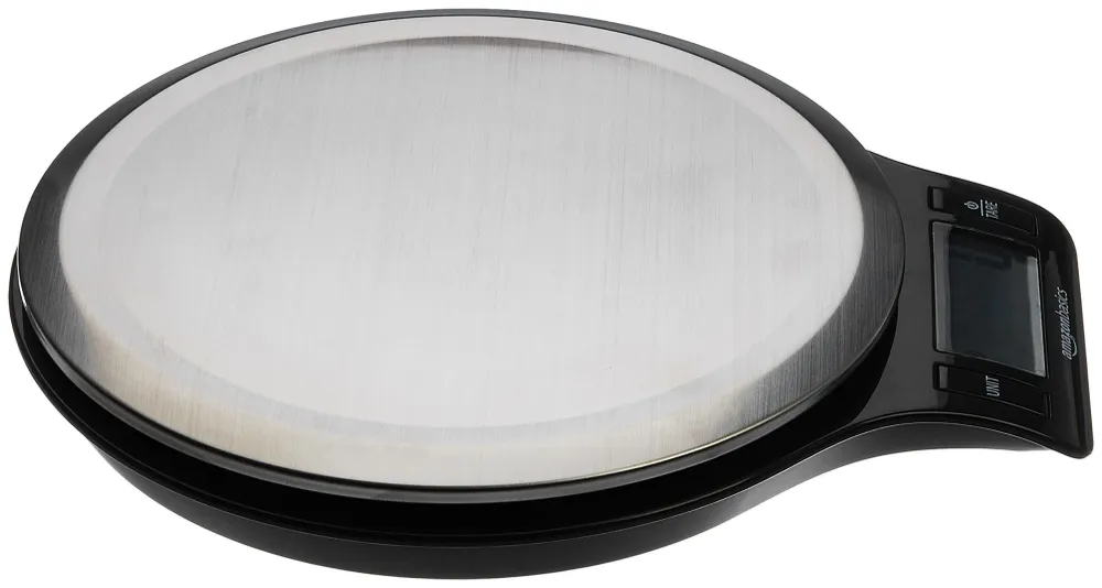 Amazon Basics - Bilancia digitale da cucina con display LCD, priva di bisfenolo (pile incluse), Nero e acciaio inossidabile