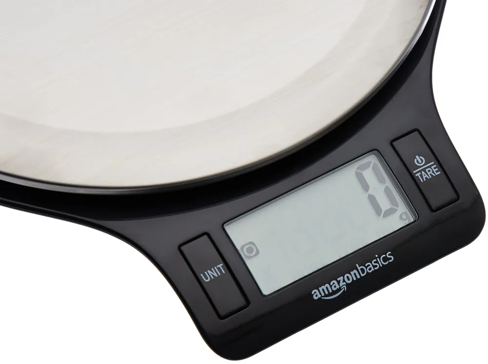 Amazon Basics - Bilancia digitale da cucina con display LCD, priva di bisfenolo (pile incluse), Nero e acciaio inossidabile
