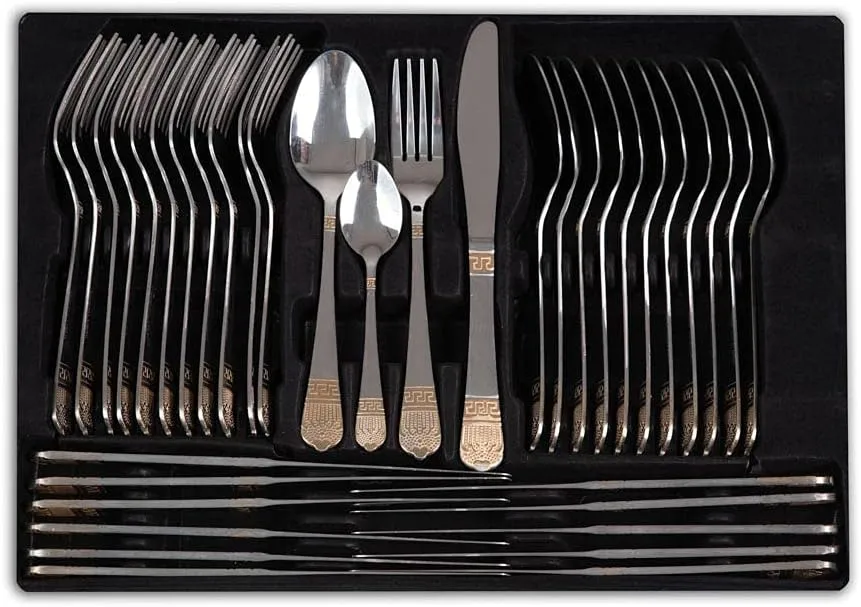 AMC Set di posate ed accessori per 12 persone realizzati acciaio inox 18/10 lucido con manici decorati con una trama greca...