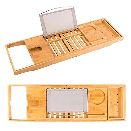 Vasca da Bagno, Scaffale Antiscivolo Legno 70-104cm Retrattile Porta Cellulare iPad Mensola Portabottiglie da Vino, Adatto...