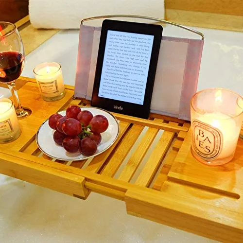 Vasca da Bagno, Scaffale Antiscivolo Legno 70-104cm Retrattile Porta Cellulare iPad Mensola Portabottiglie da Vino, Adatto...