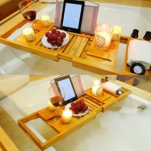 Vasca da Bagno, Scaffale Antiscivolo Legno 70-104cm Retrattile Porta Cellulare iPad Mensola Portabottiglie da Vino, Adatto...